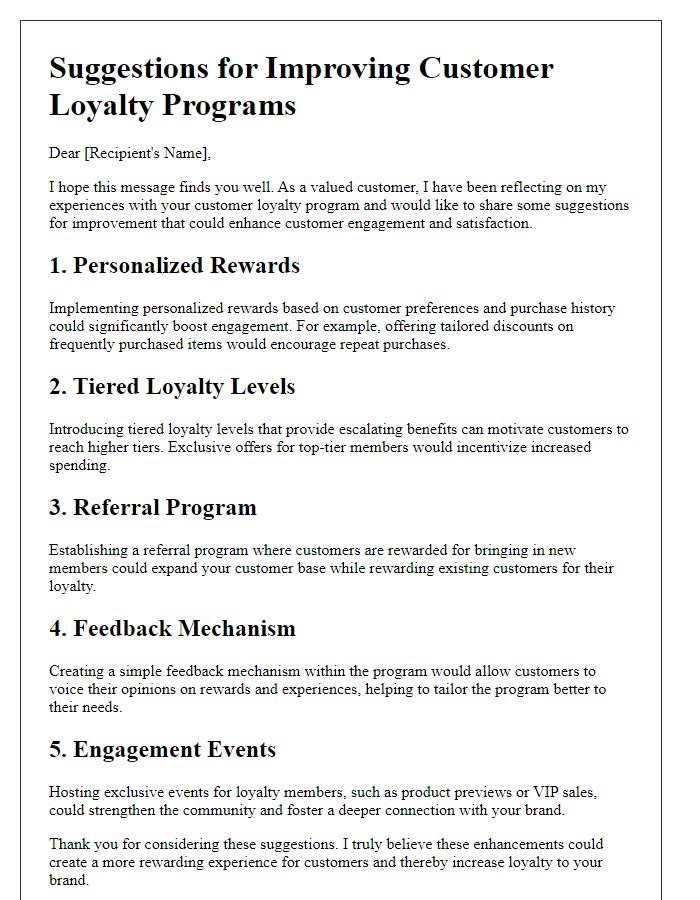 Letter template of suggestions for improving customer loyalty programs