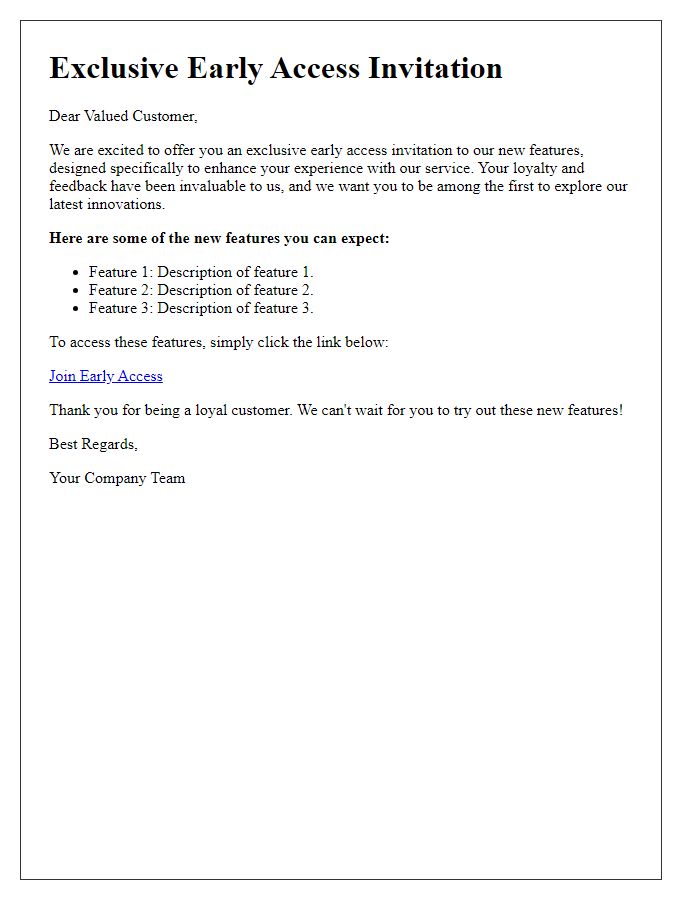 Letter template of loyal customer early access invitation to new features