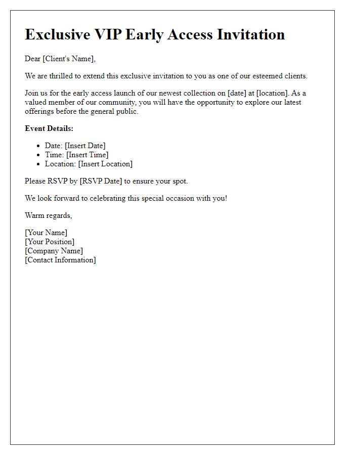 Letter template of VIP early access invitation for esteemed clients