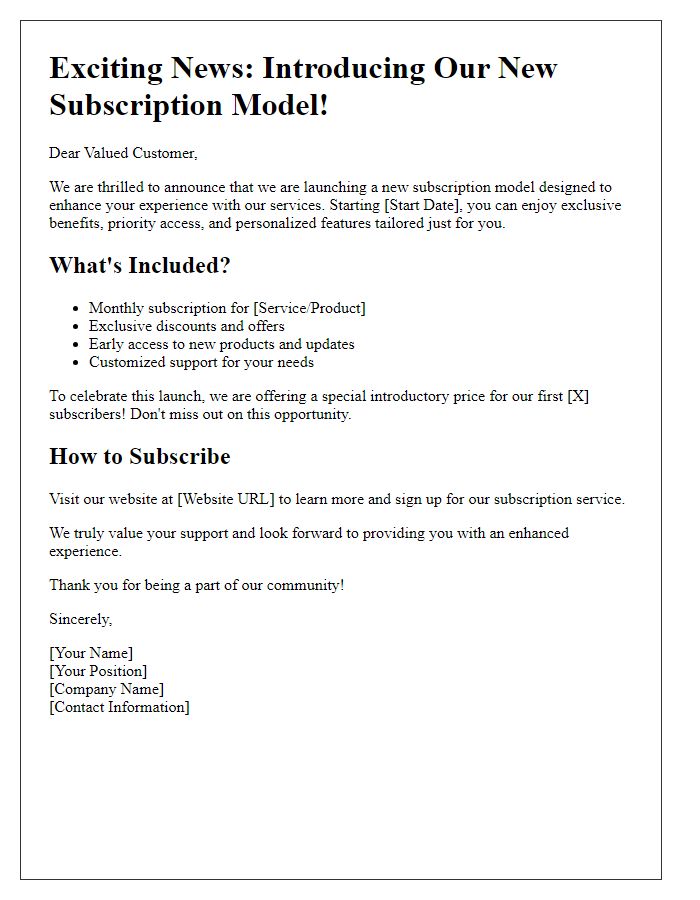 Letter template of subscription model announcement for customers