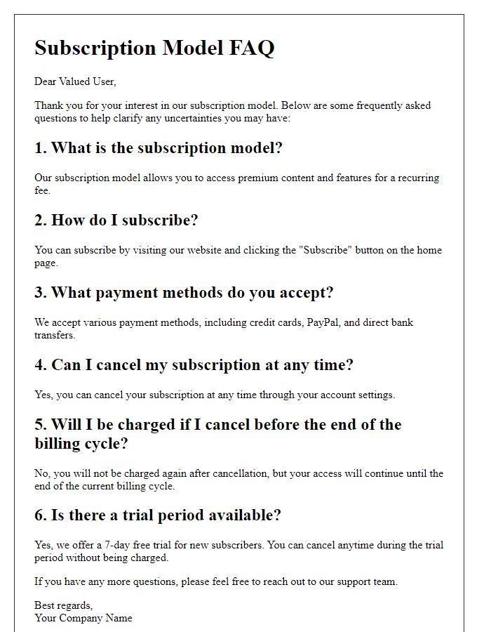 Letter template of subscription model FAQ for user clarification