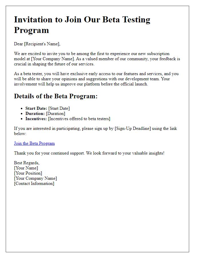 Letter template of subscription model invitation for beta testers
