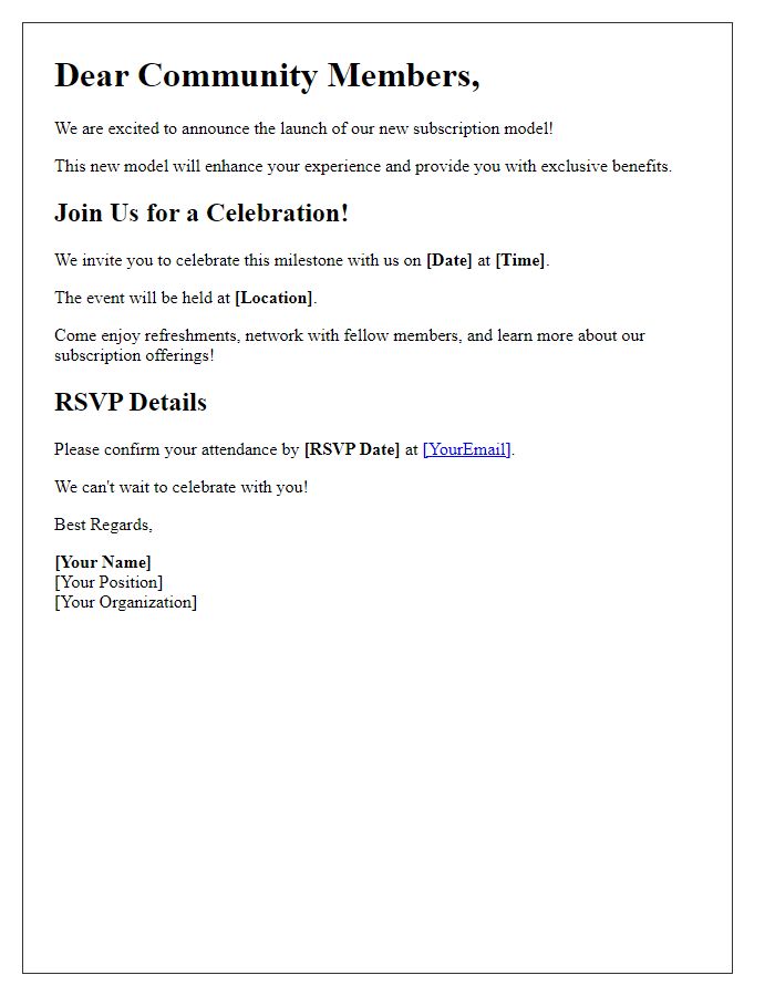 Letter template of subscription model launch celebration for community members