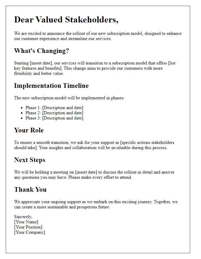 Letter template of subscription model rollout for stakeholders