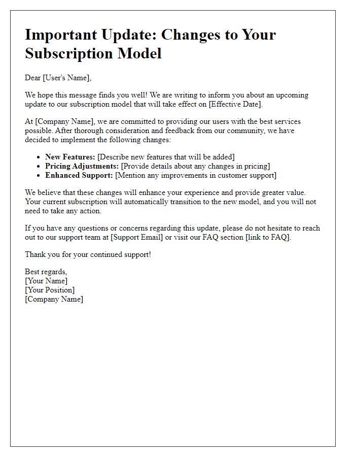 Letter template of subscription model update for existing users