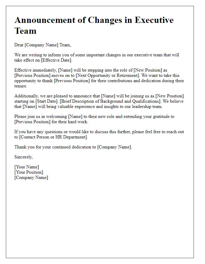 Letter template of changes in executive team announcement