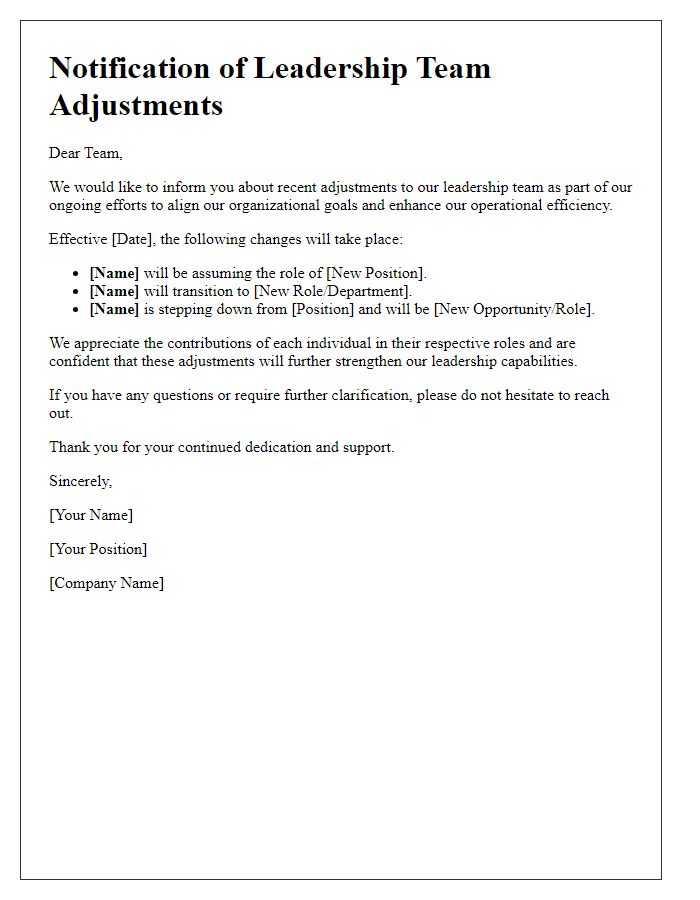 Letter template of notification on leadership team adjustments