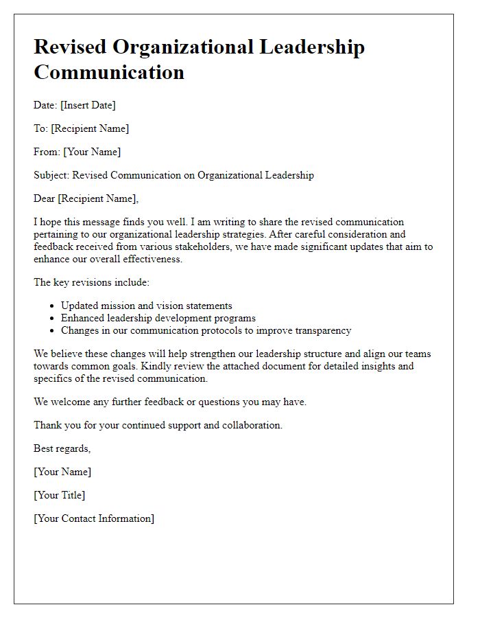 Letter template of revised organizational leadership communication