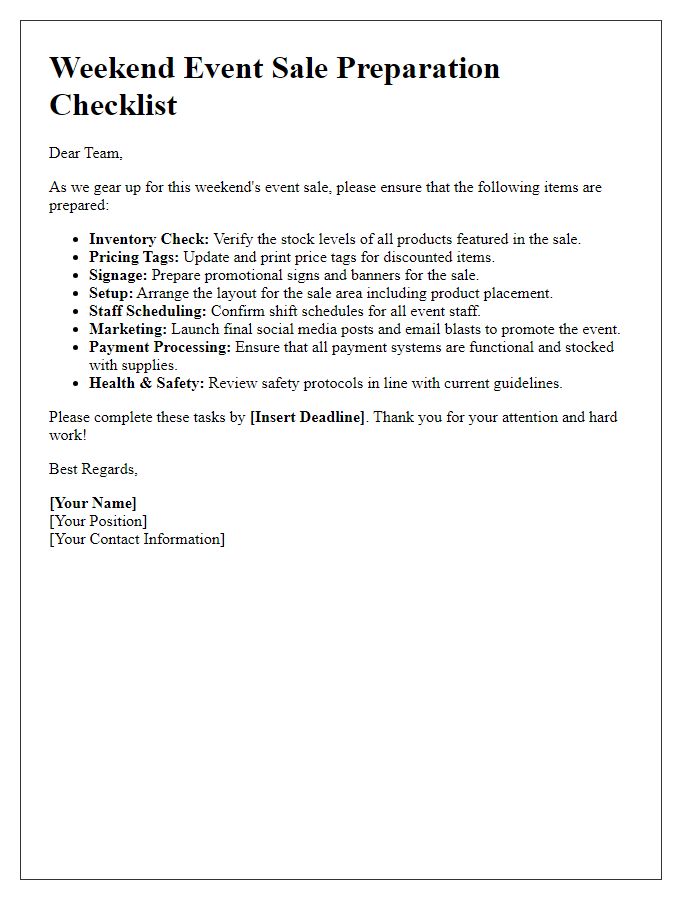 Letter template of weekend event sale preparation checklist