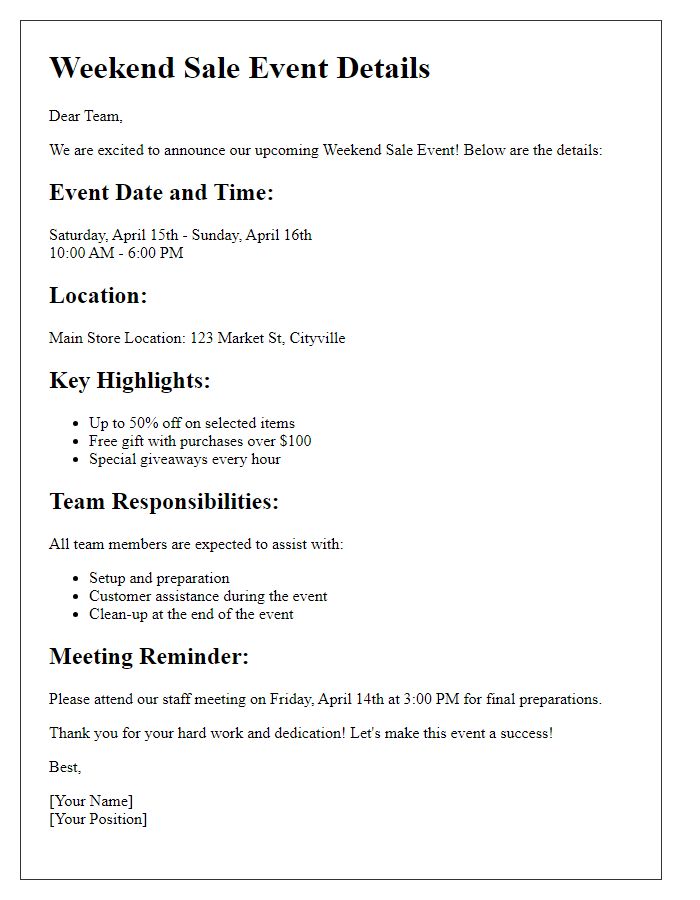 Letter template of weekend sale event details for team members