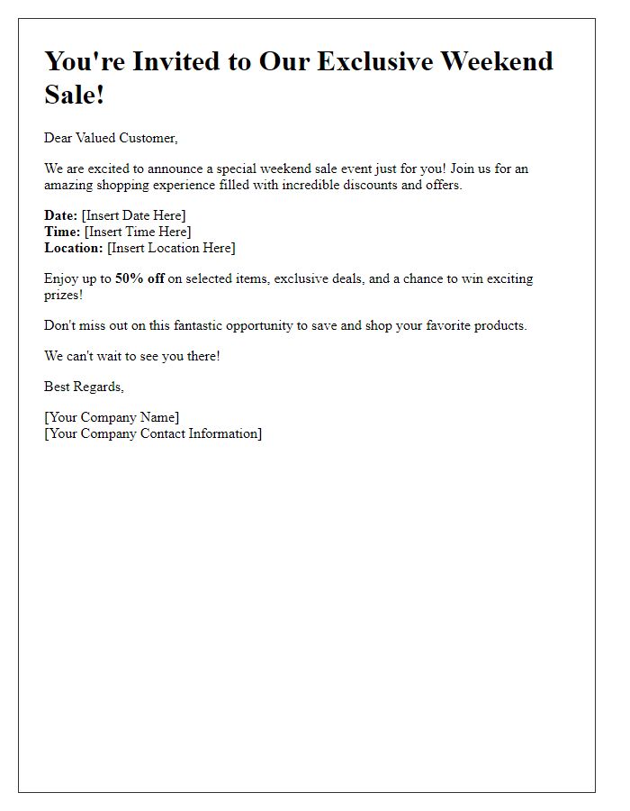 Letter template of weekend sale event invitation to customers