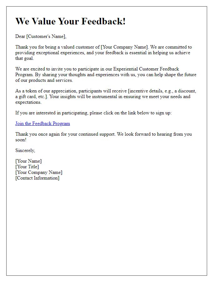 Letter template of experiential customer feedback program