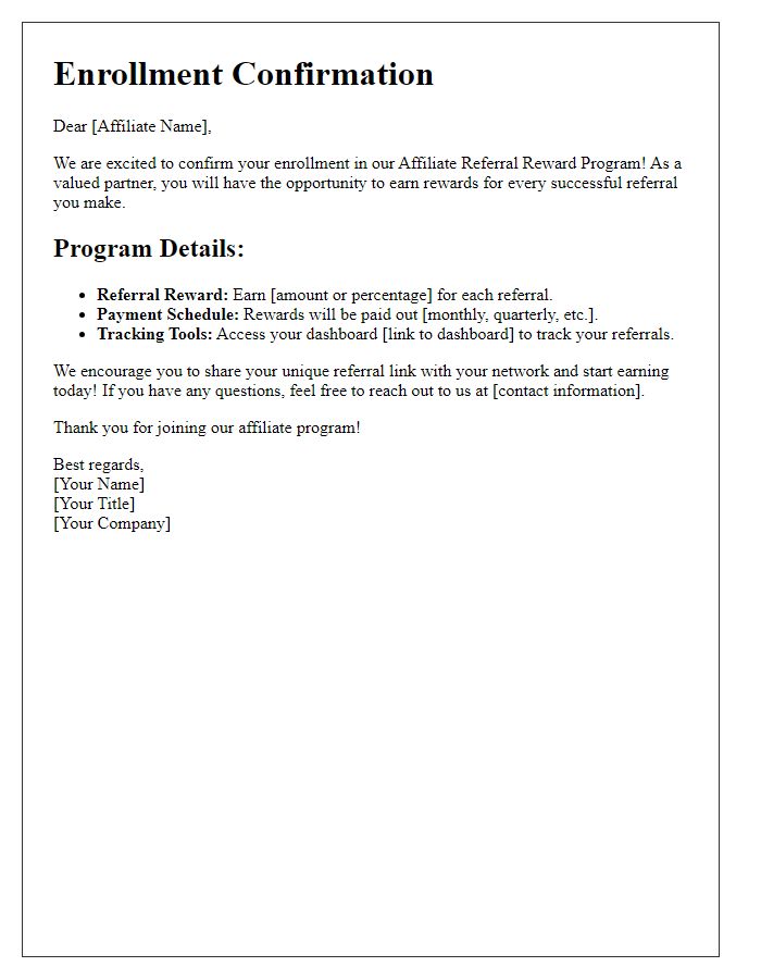 Letter template of enrollment in affiliate referral reward program.