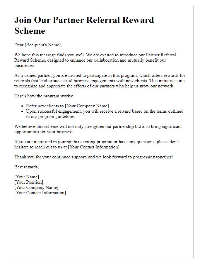 Letter template of introduction to join partner referral reward scheme.