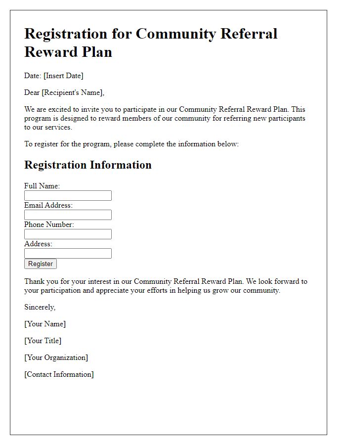 Letter template of registration for community referral reward plan.