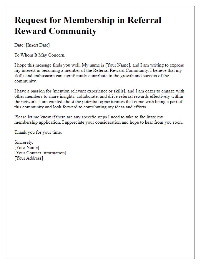 Letter template of request to become a member of referral reward community.