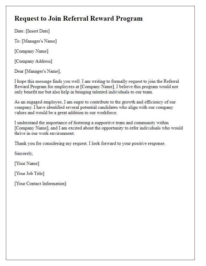 Letter template of request to join referral reward program for employees.