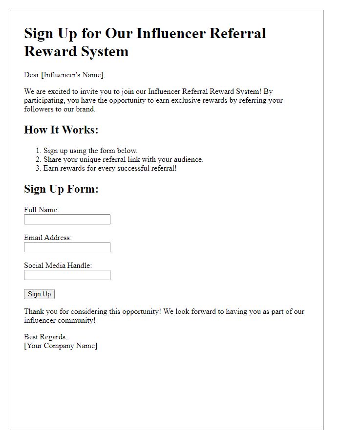 Letter template of signing up for influencer referral reward system.