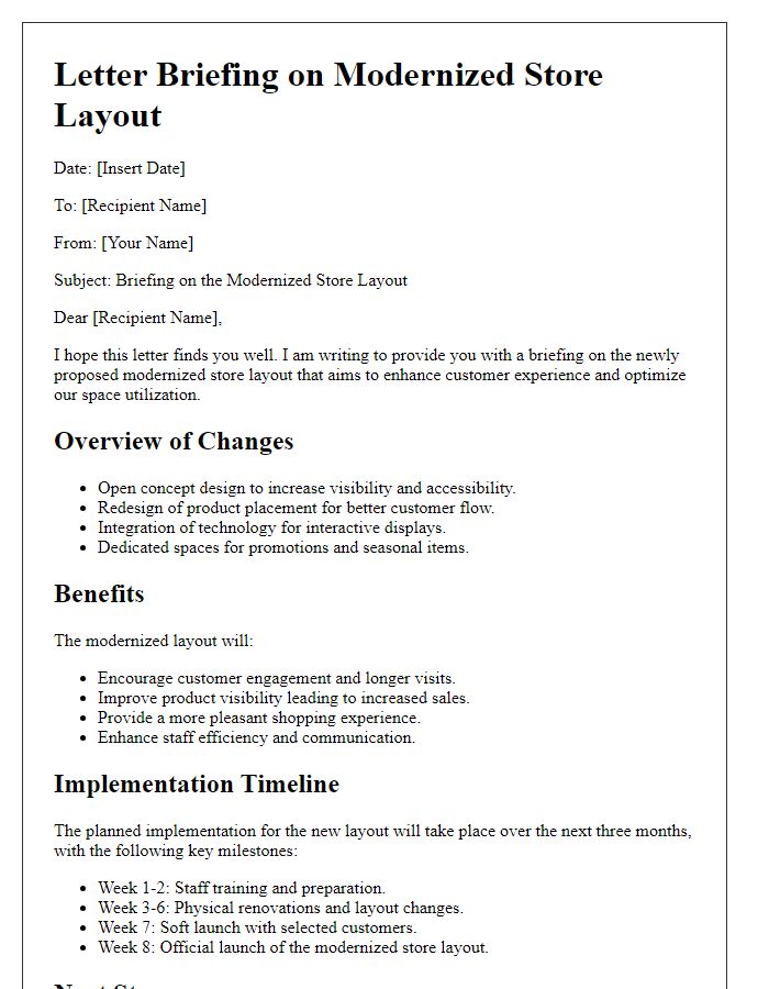 Letter template of briefing on modernized store layout