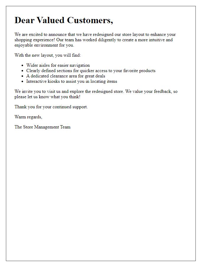 Letter template of introduction to redesigned store layout