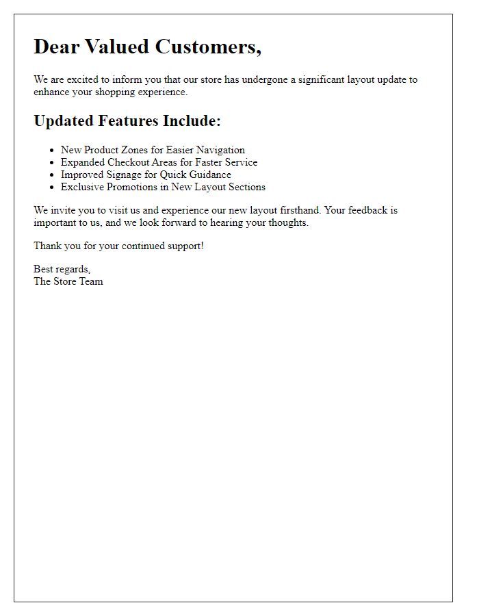Letter template of notification for updated store layout features