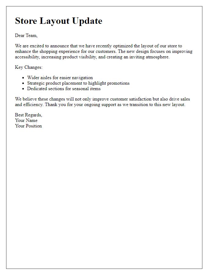 Letter template of update on newly optimized store layout
