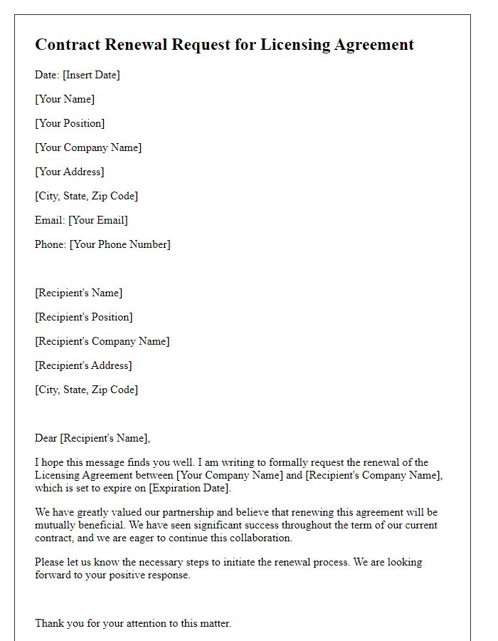 Letter template of Contract Renewal Request for Licensing Agreement