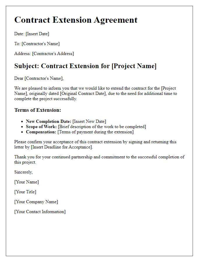 Letter template of contract extension outline for project completion