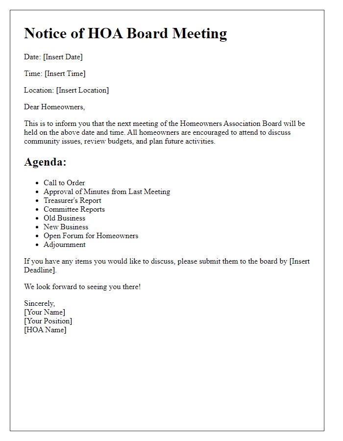 Letter template of HOA board meeting notice