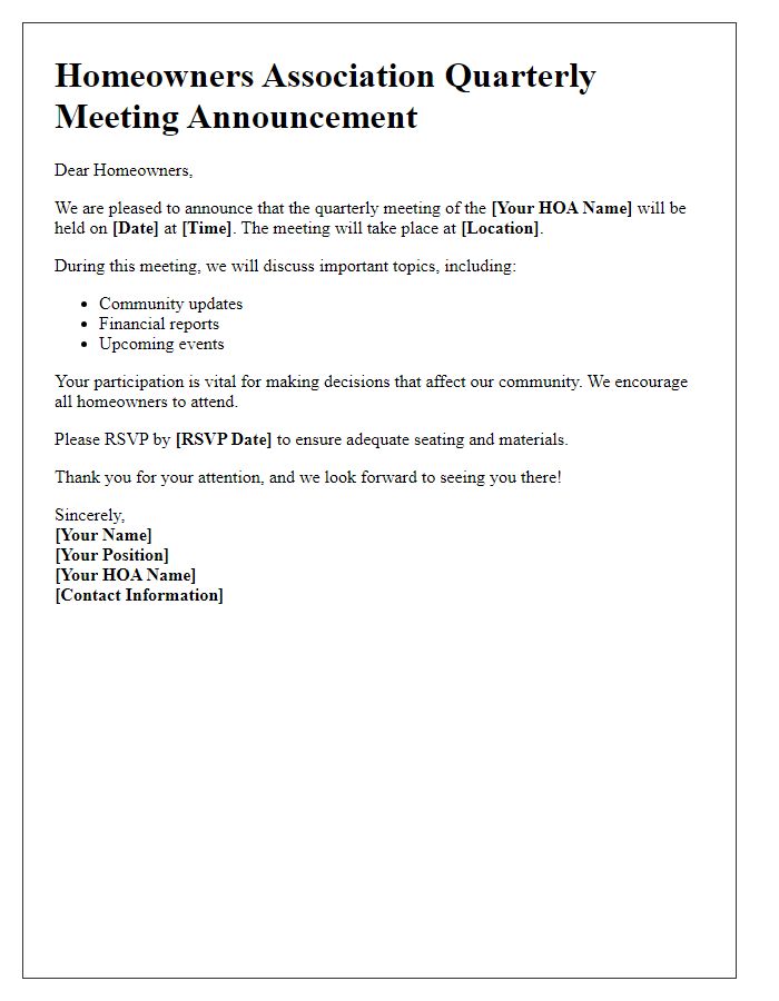 Letter template of HOA quarterly meeting announcement