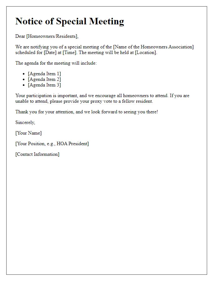 Letter template of HOA special meeting announcement