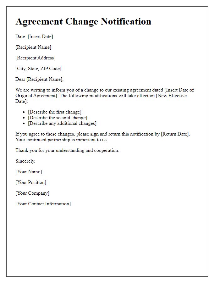 Letter template of agreement change notification