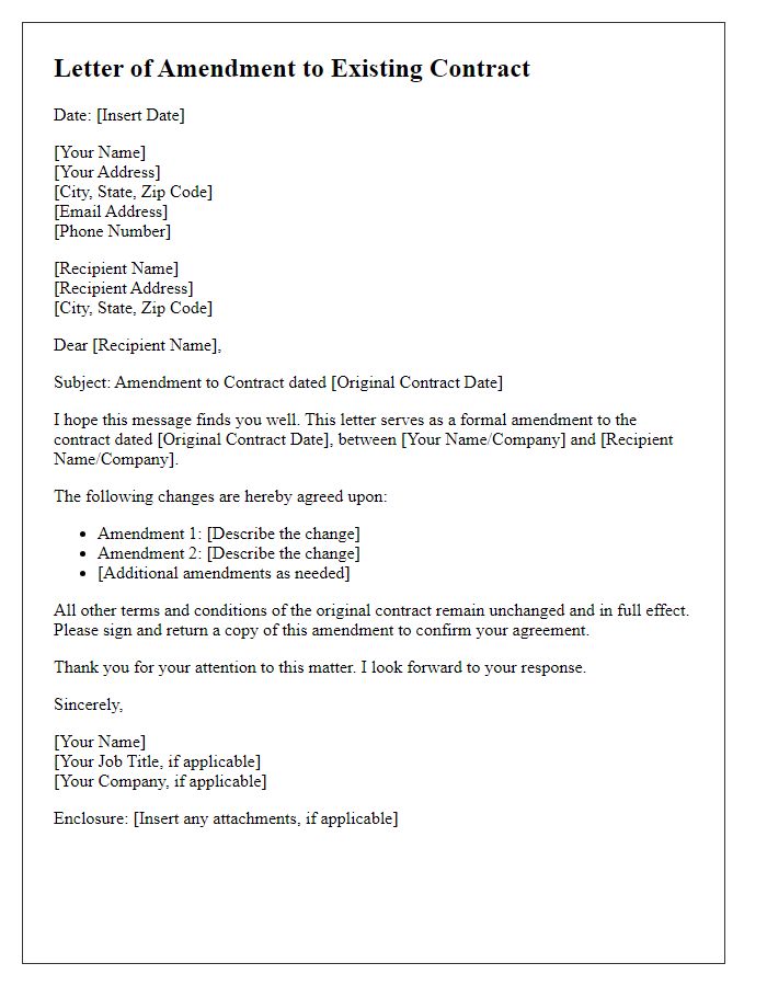 Letter template of amendment to existing contract