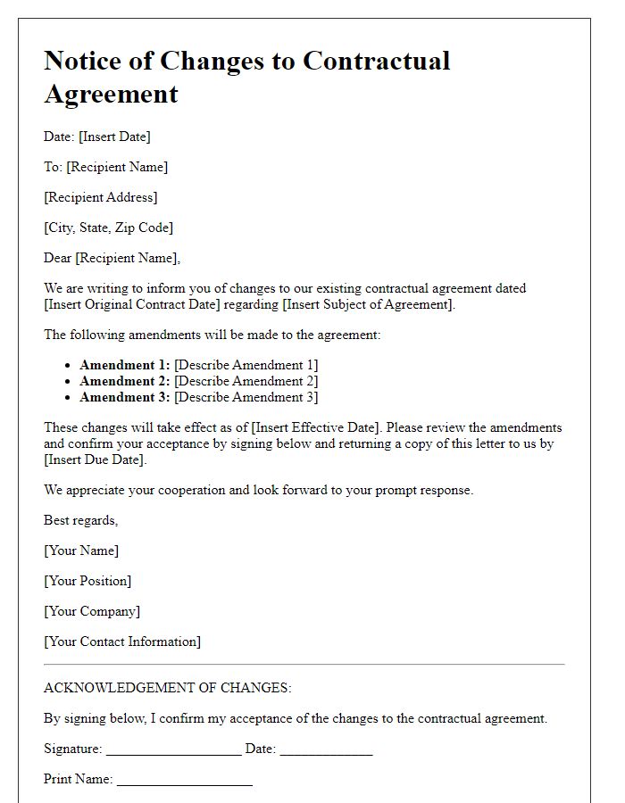 Letter template of changes to contractual agreement