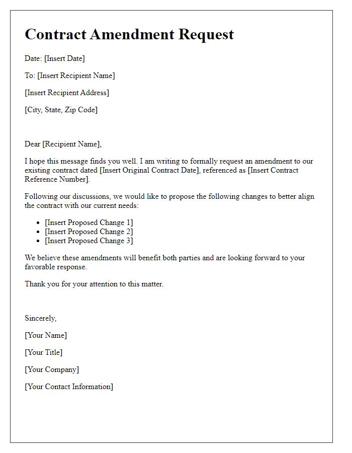 Letter template of contract amendment request