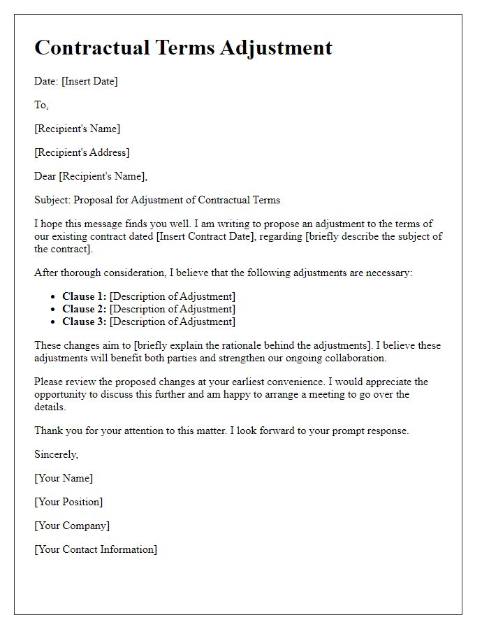 Letter template of contractual terms adjustment