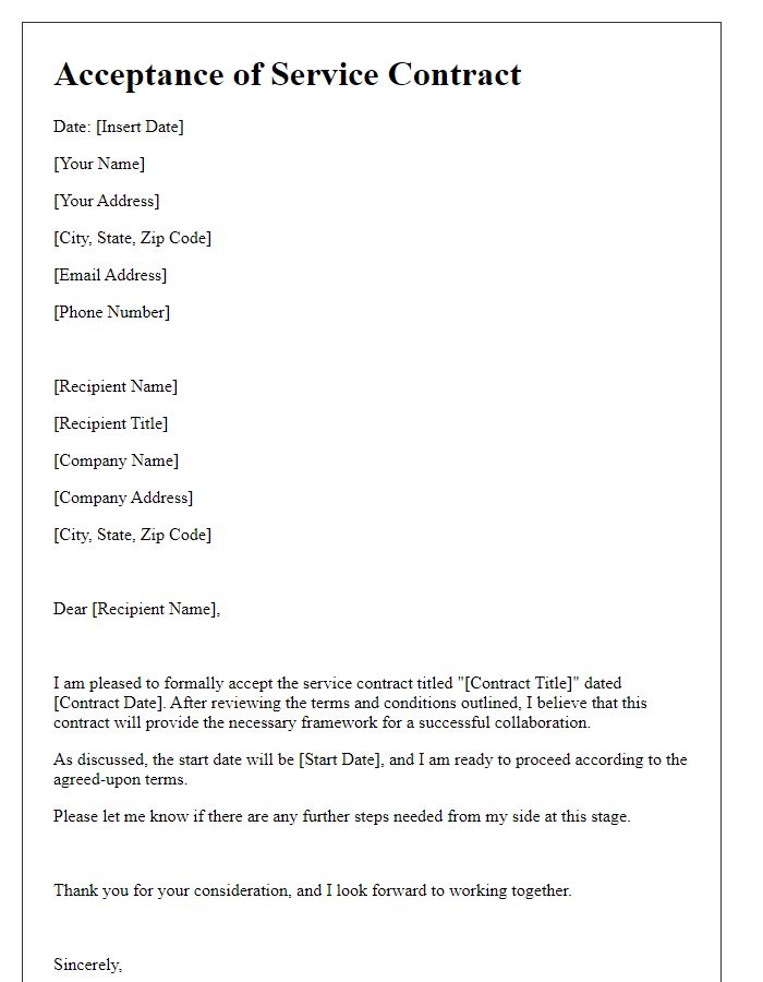 Letter template of acceptance of service contract