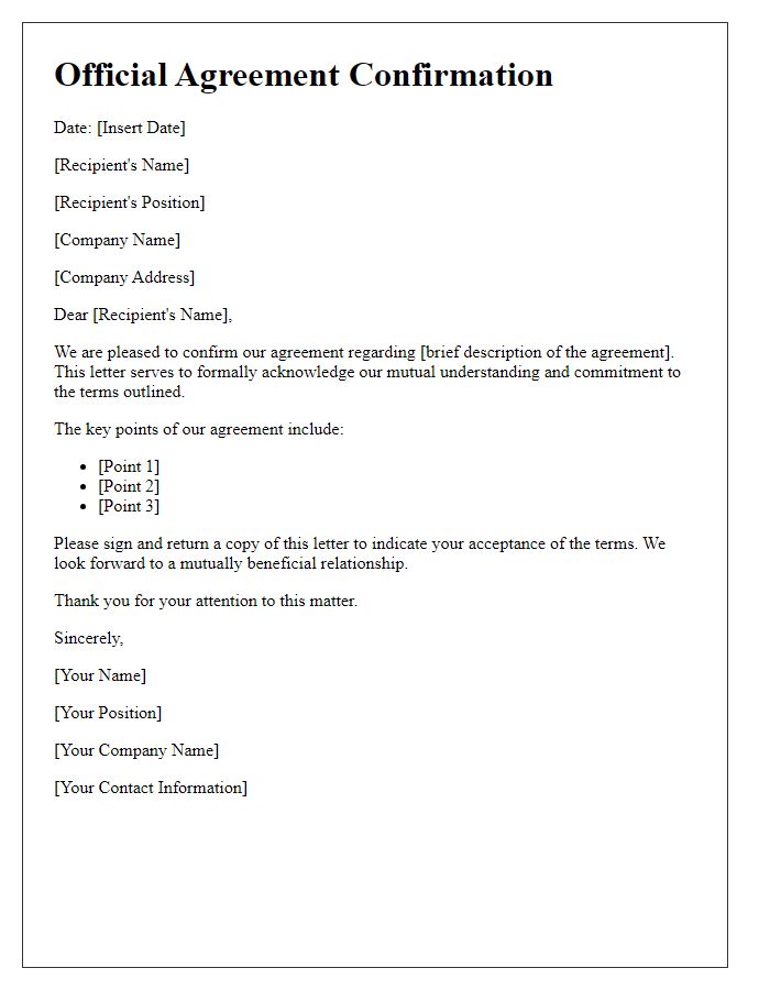 Letter template of official agreement confirmation