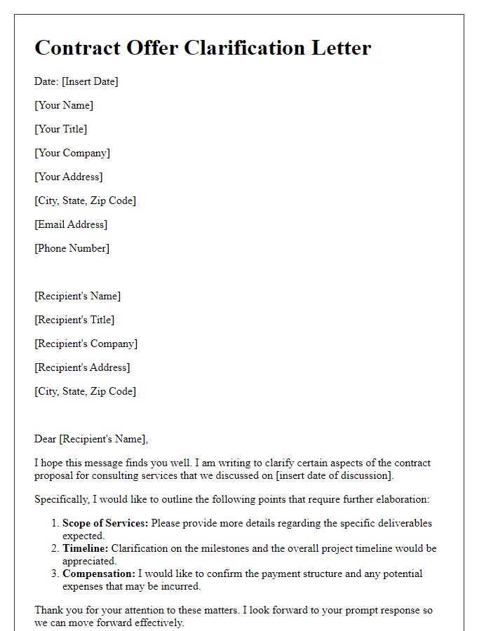 Letter template of contract offer clarification for consulting services.