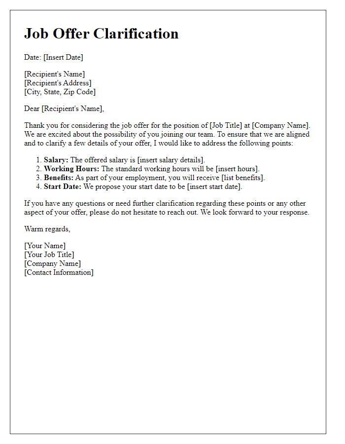 Letter template of contract offer clarification for job position.