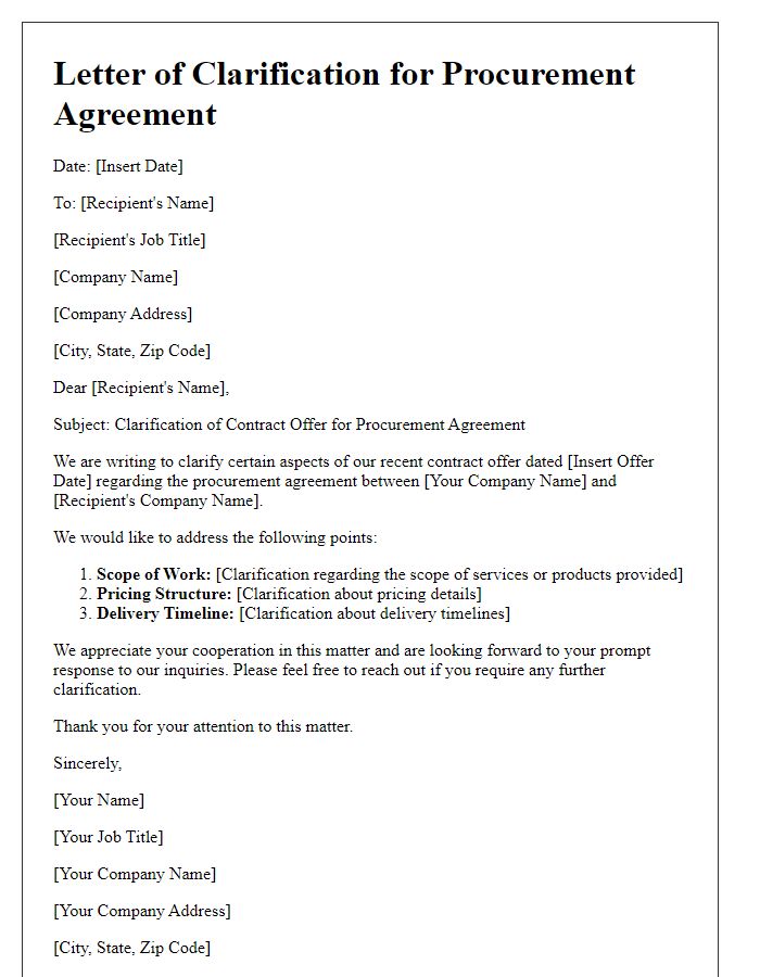 Letter template of contract offer clarification for procurement agreement.