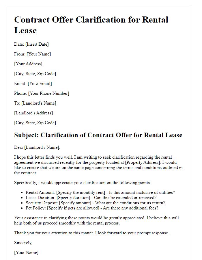 Letter template of contract offer clarification for rental lease.