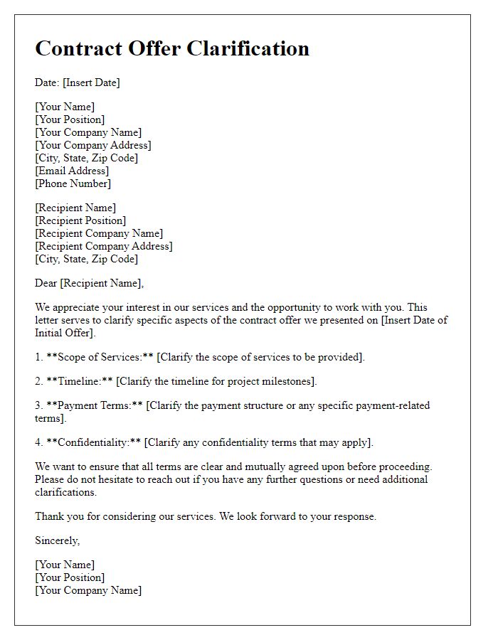 Letter template of contract offer clarification for service agreement.