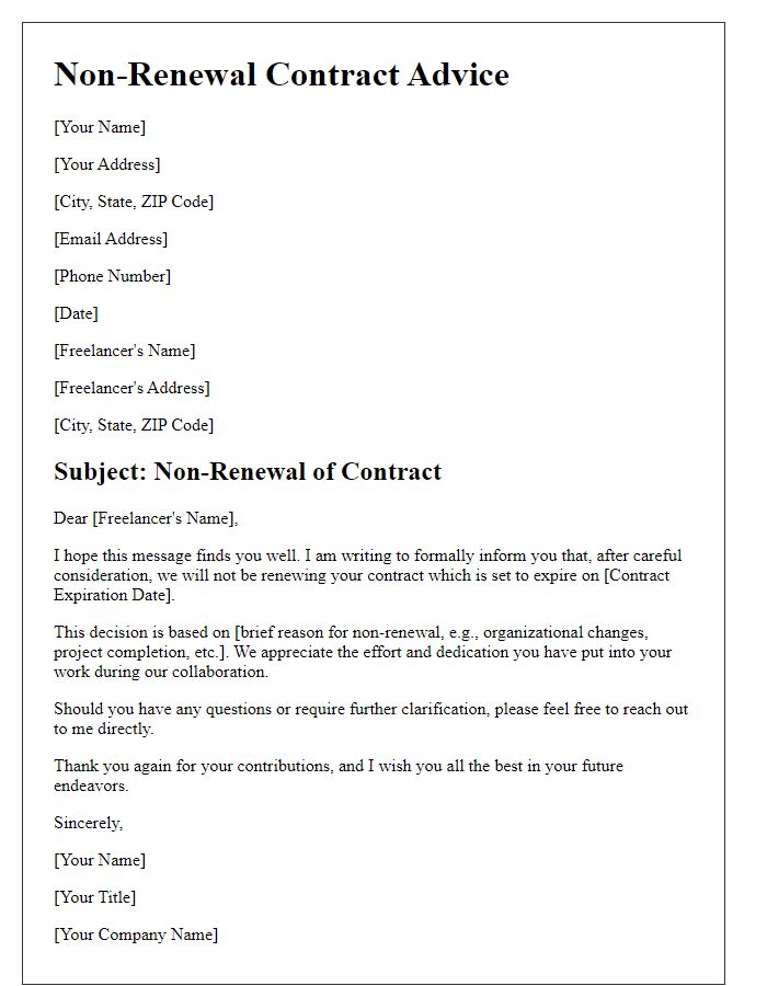 Letter template of contract non-renewal advice for freelancers