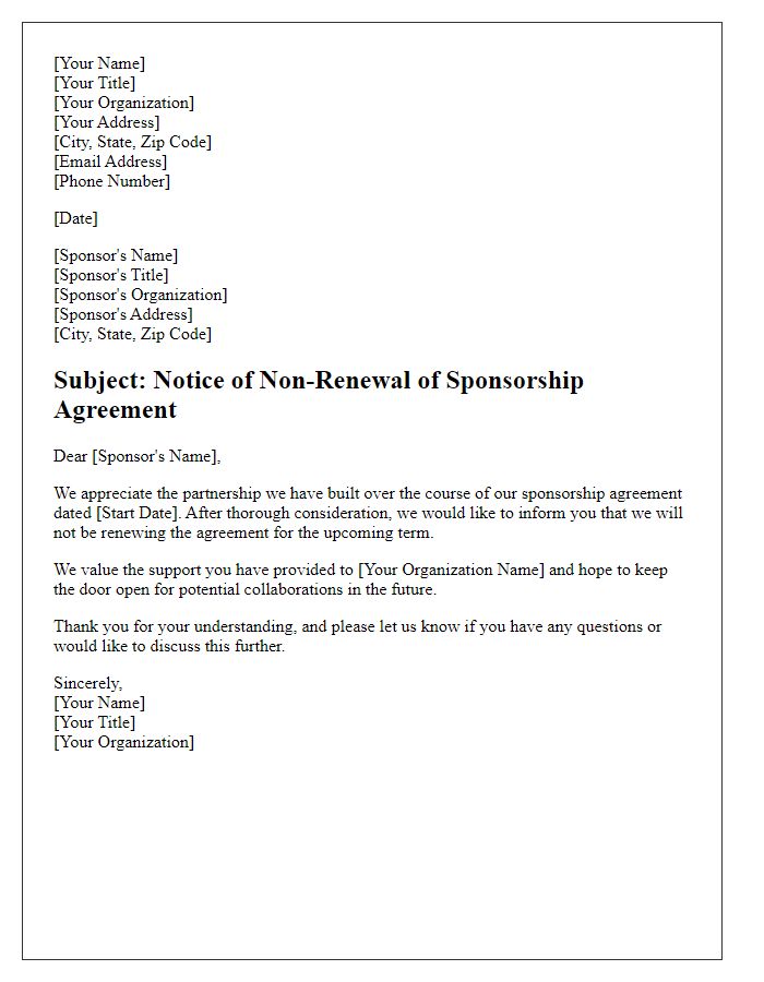 Letter template of contract non-renewal message for sponsorship agreements