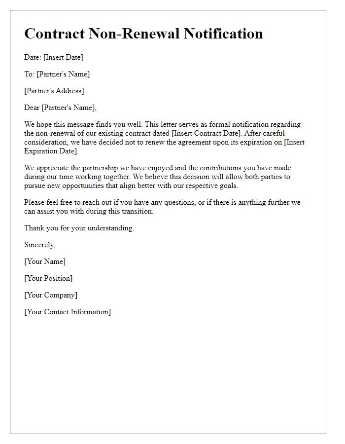Letter template of contract non-renewal update for partners