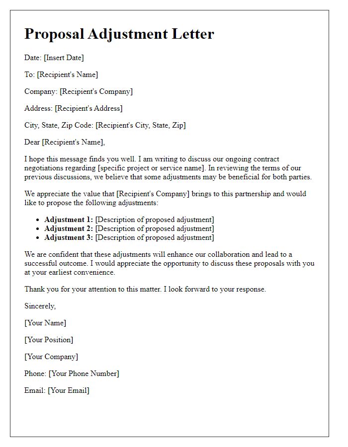 Letter template of proposal adjustment in contract negotiation