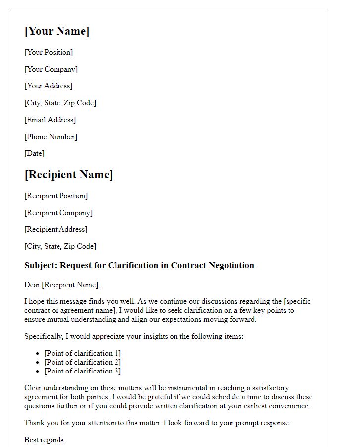 Letter template of request for clarification in contract negotiation