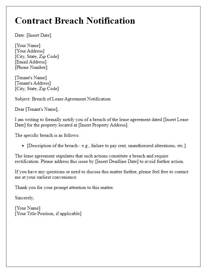 Letter template of contract breach notification for lease agreement.