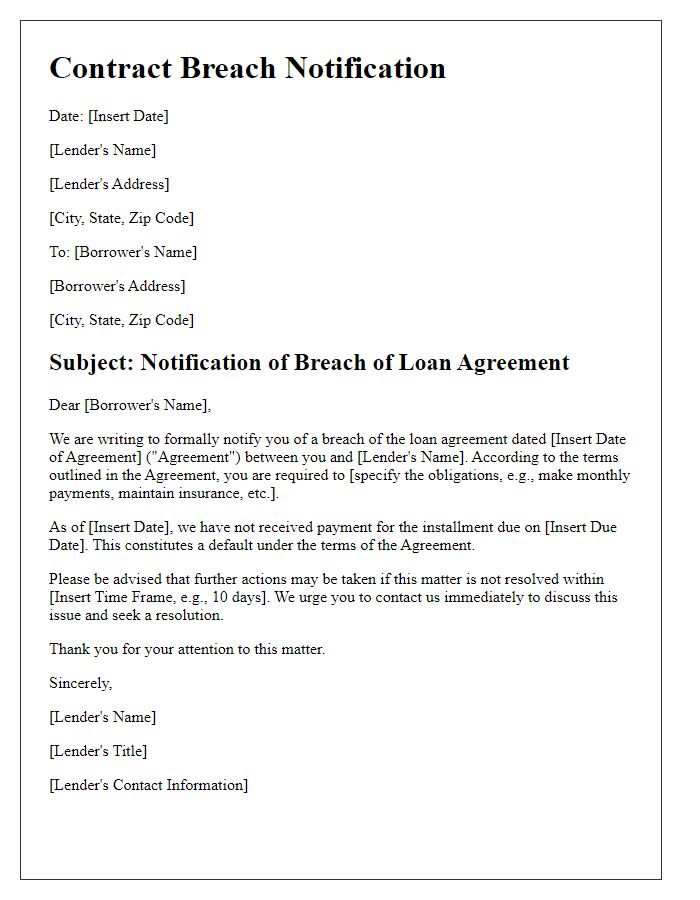 Letter template of contract breach notification for loan agreement.